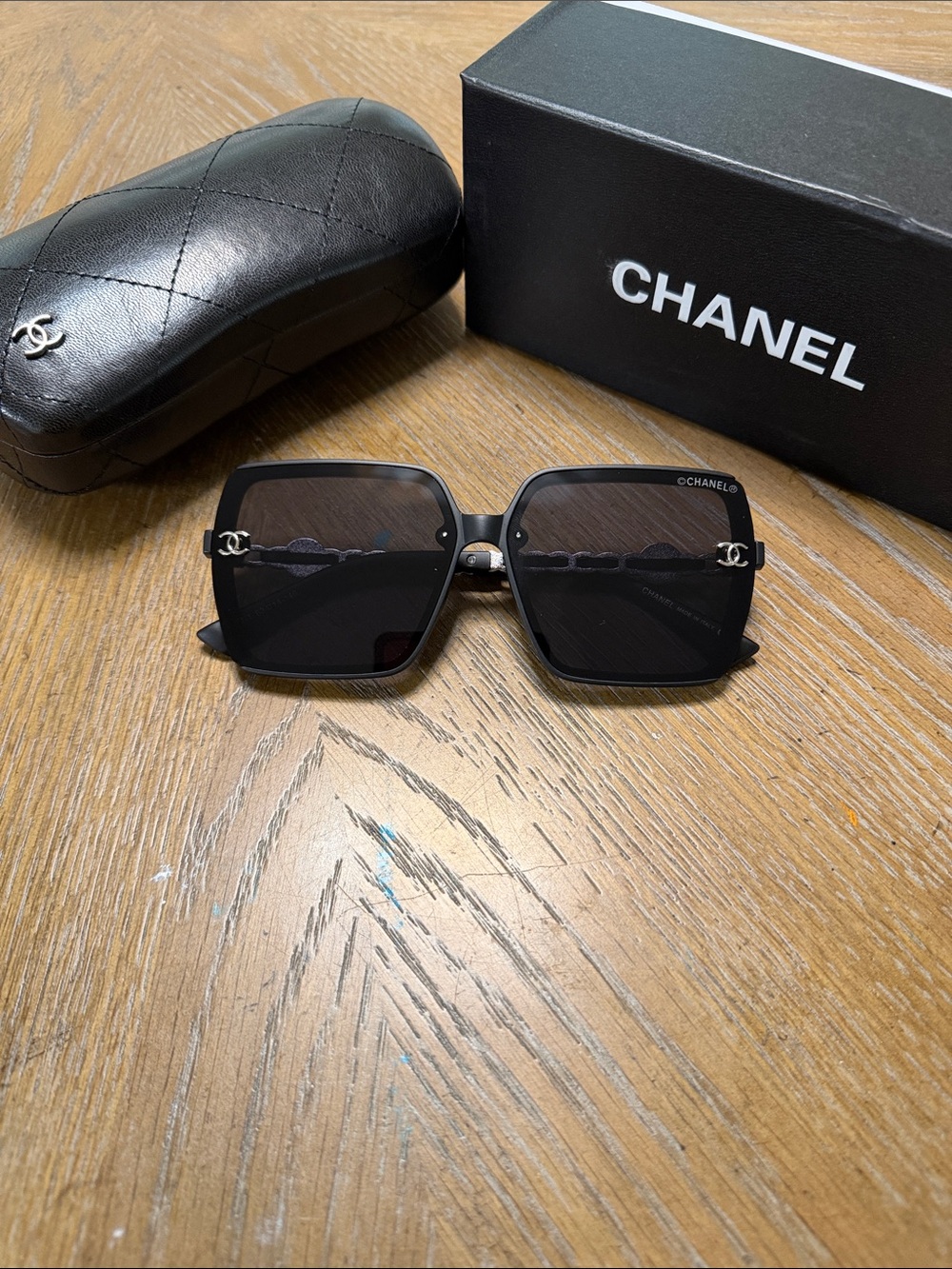 CHANEL Oversized Black Square Sunglasses with Silver CC Accents